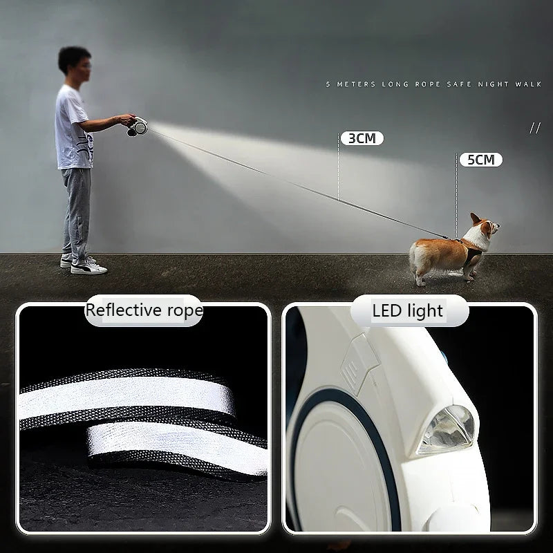 Retractable Dog Leash with LED Light Poop Bag Dispenser 5M Reflective Leash Dog Walking Puppy Tractor Multifunctional Rope